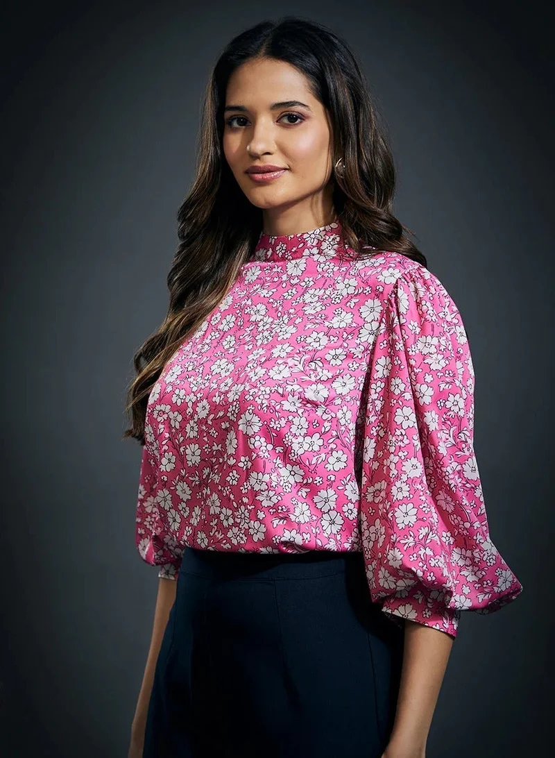 Zigzag Puffed Long Sleeve Satin Top-Pink